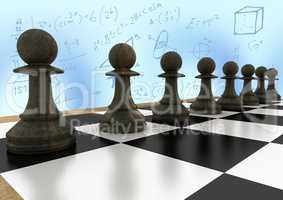 3d Chess pieces against blue abstract background with blue math doodles