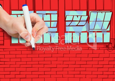 hand drawing office lines. Red wall of bricks with windows