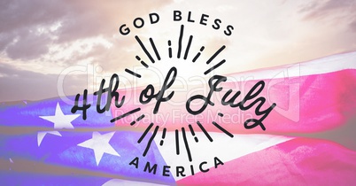 Grey fourth of July graphic against evening sky and american flag