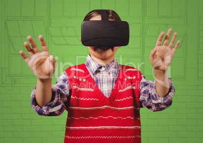 Boy in 3d virtual reality headset against green hand drawn windows