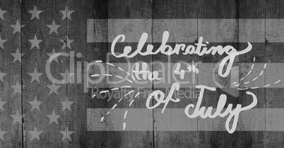 Light grey fourth of July party graphic against grey american flag on wood panel