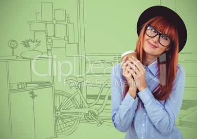Millennial woman with coffee against 3D green hand drawn office