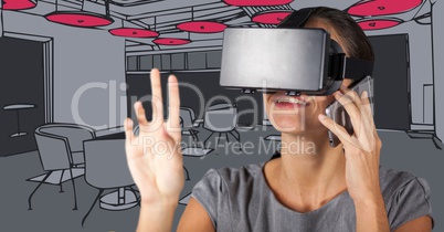 Business woman in virtual reality headset and on phones against 3D grey and pink hand drawn office