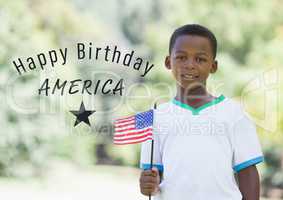 Grey fourth of July graphic next to boy holding american flag