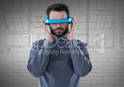 Man in blue virtual reality headset against 3d grey hand drawn windows