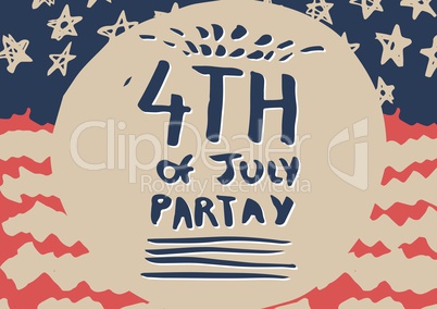 Blue and white fourth of July party graphic against hand drawn american flag