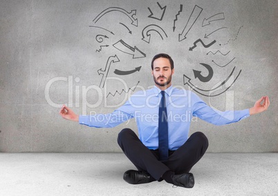 Business man meditating against 3D grey wall with arrow graphics