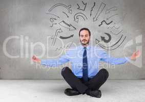 Business man meditating against 3D grey wall with arrow graphics