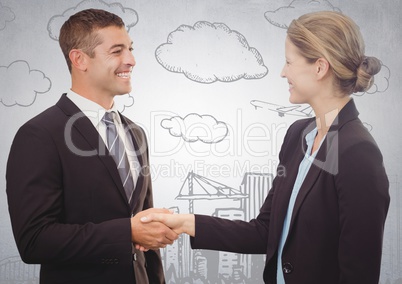 Business people shaking hands against white wall with 3d city doodle