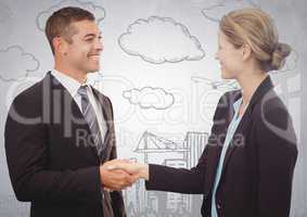 Business people shaking hands against white wall with 3d city doodle