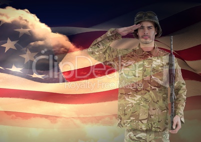 Soldier saluting with American Flag