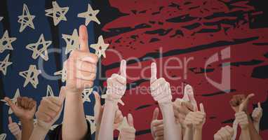 Hands giving thumbs up against hand drawn american flag