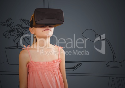 Girl in virtual reality headset against grey hand drawn office