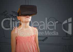 Girl in virtual reality headset against grey hand drawn office