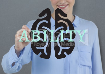 Ability (text + brain). Writ on the screen by young businesswoman smiling