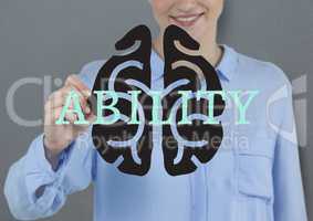 Ability (text + brain). Writ on the screen by young businesswoman smiling