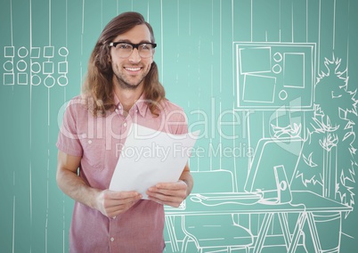 Millennial man holding paper against aqua and white hand drawn office