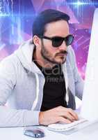 hacker with sunglasses typing on a keyboard in front of digital background