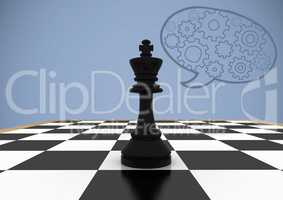 3D Chess pieces against purple background with speech bubble and cogs