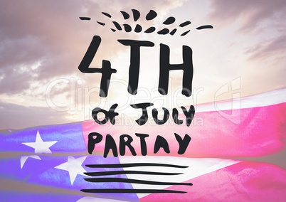 Grey fourth of July party graphic against evening sky and american flag