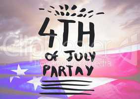 Grey fourth of July party graphic against evening sky and american flag