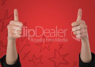 Two thumbs up against red background with hand drawn star pattern