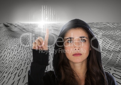 Woman hacker touching digital screens with her finger