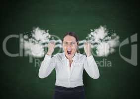 anger young woman shouting with 3D steam on ears. Dark green background