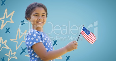 Girl smiling and holding american flag against blue background with hand drawn star pattern