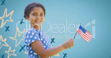 Girl smiling and holding american flag against blue background with hand drawn star pattern