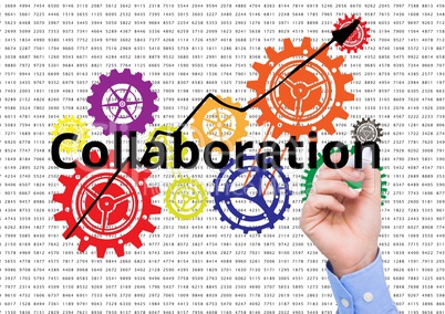 Collaboration write on the screen with color cogs. Numbers background