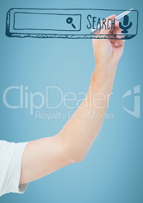 Hand pointing with pen at 3D search bar against blue background