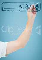 Hand pointing with pen at 3D search bar against blue background