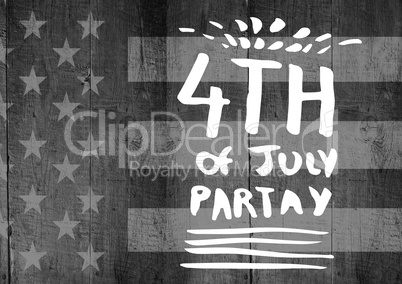 White fourth of July party graphic against grey american flag on wood panel