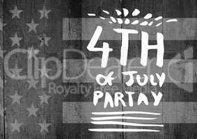 White fourth of July party graphic against grey american flag on wood panel