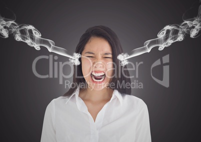 anger young businesswoman shouting with 3d steam on ears. Dark background