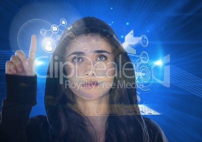 Woman hacker touching the 3d screen with his finger