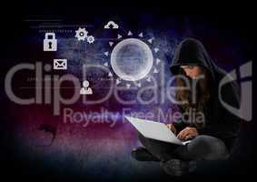 Woman hacker using a laptop in front of 3d digital background