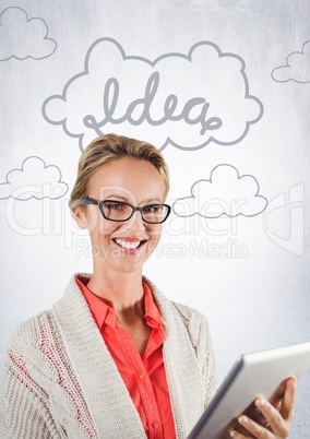 3d Woman with tablet against idea doodle and white wall