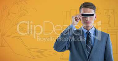 3d Business man in virtual reality headset against yellow hand drawn office