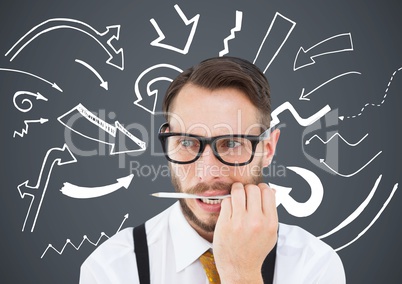 3d Frustrated business man with pen in mouth against grey background and white arrow graphics