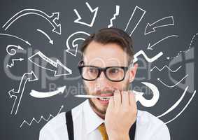 3d Frustrated business man with pen in mouth against grey background and white arrow graphics