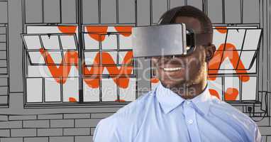 Business man in 3d virtual reality headset against grey and orange hand drawn windows