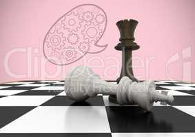 3d Chess pieces against pink background and speech bubble with cogs