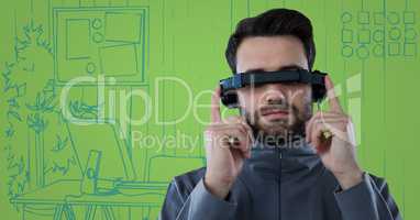 Man in virtual reality headset with tablet against blue and green hand drawn office