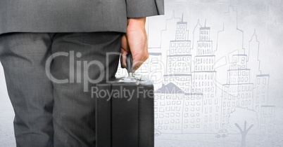 Back of business man lower body with briefcase against white wall and city doodle