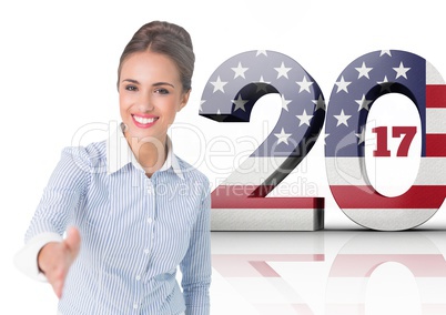 Business woman shking her hand against 3d 2017 American flag