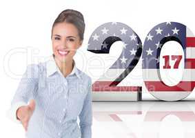 Business woman shking her hand against 3d 2017 American flag
