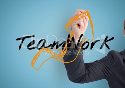 Businessman hand finishing the arrow of the graphic about TEAM WORK