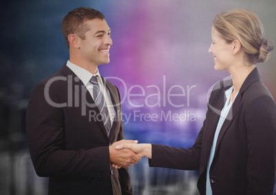 Business people shaking hands against blurry purple wall with city doodle